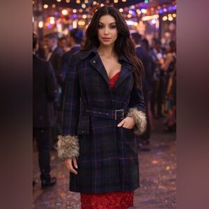 Juicy Couture Wool Blend Plaid Belted Coat Faux Fur Cuffs Missing Collar M